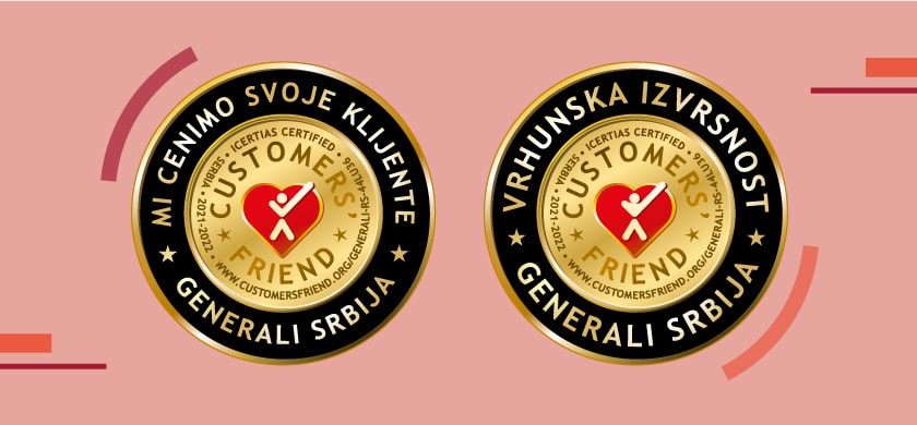Generali Osiguranje Srbija dobilo je prestižne medalje „Mi cenimo svoje klijente” i „Vrhunska izvrsnost” za izvanredan odnos sa klijentima i saradnicima